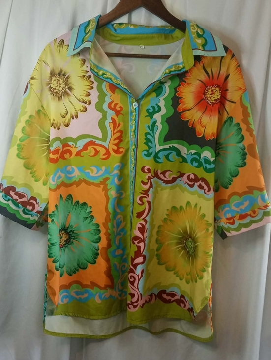 Other - Vibrant Floral Button Shirt Yellow Green Orange Daisy XL Tropical Casual Summer